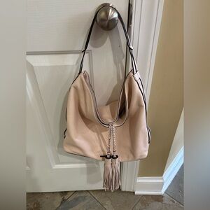 Cream Tassel Hobo Shoulder Bag with Contrast Trim